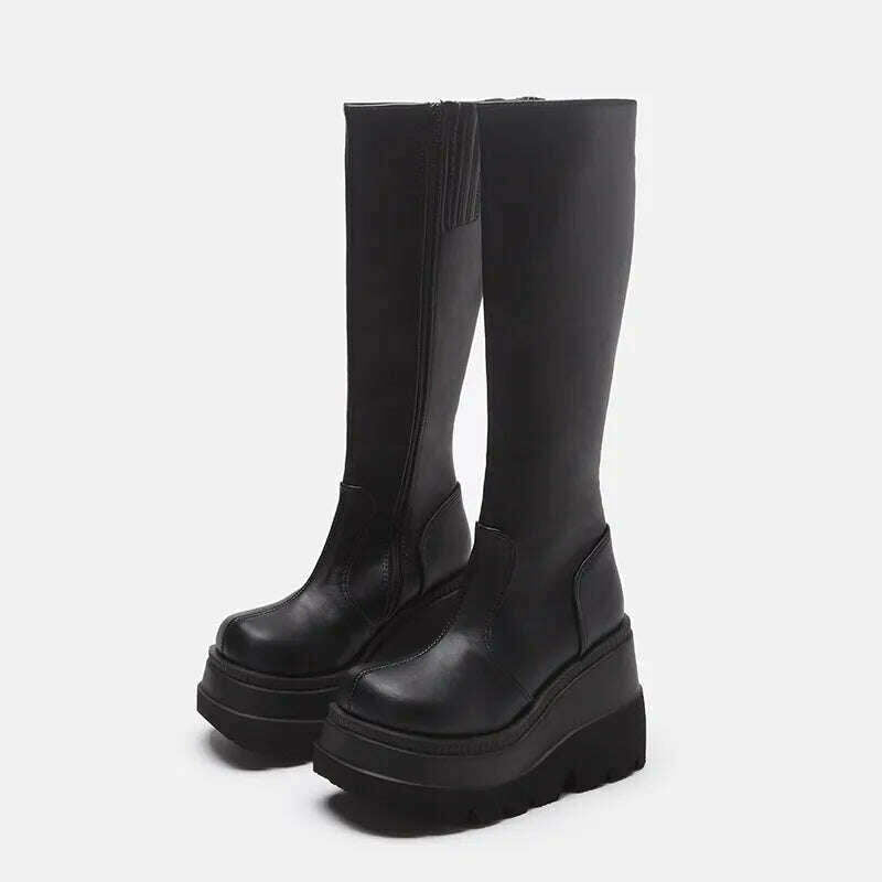 Women Knee High Boots Women's Zip Leather Buckle High Boots Woman Low Heels Ladies Buckle Belt Female Shoes Gothic Shoes - KIMLUD