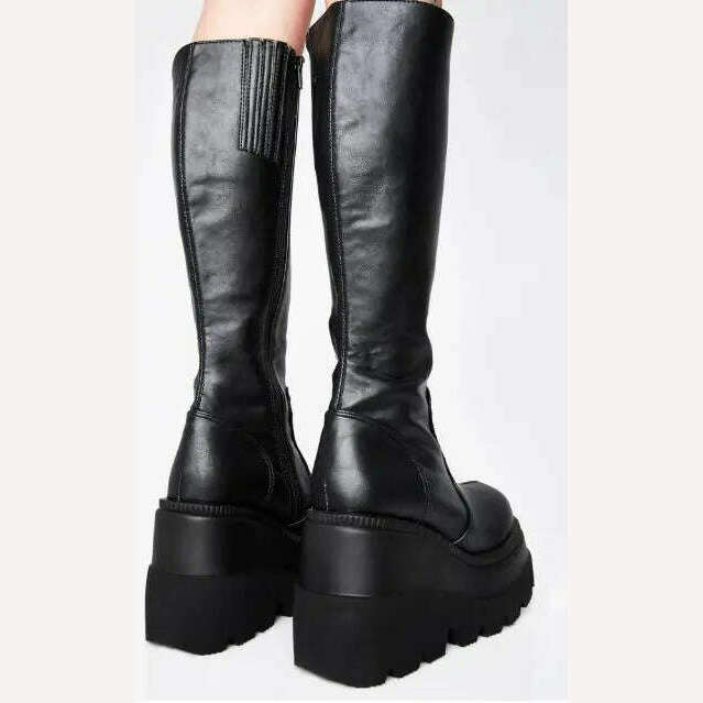 Women Knee High Boots Women's Zip Leather Buckle High Boots Woman Low Heels Ladies Buckle Belt Female Shoes Gothic Shoes - KIMLUD