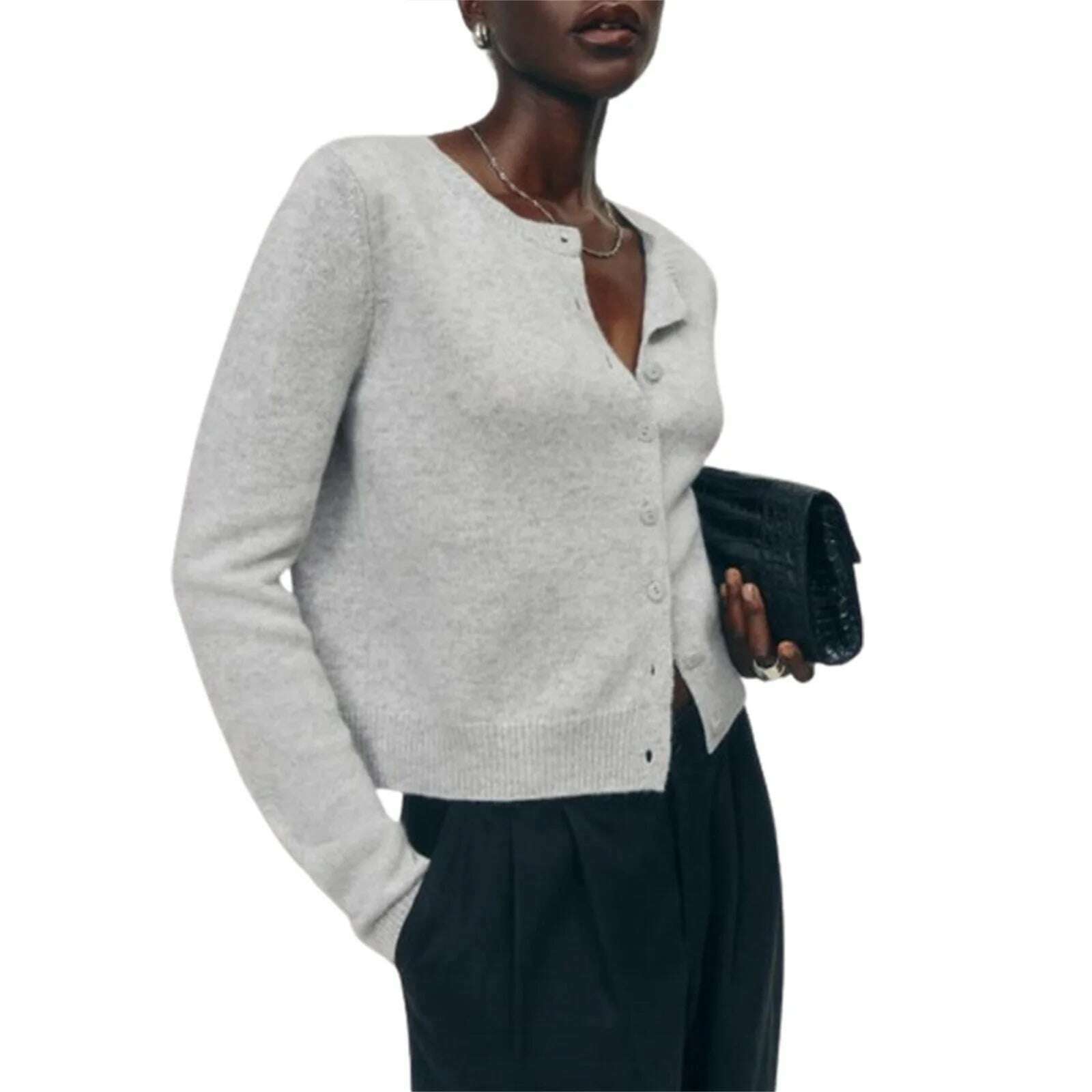 KIMLUD, Women Knitted Cardigan Fall Spring Solid Color Long Sleeve Sweater Button-Down Casual Soft Knit Coat Knitwear for Daily Life Y2K, Light Grey / S, KIMLUD APPAREL - Womens Clothes