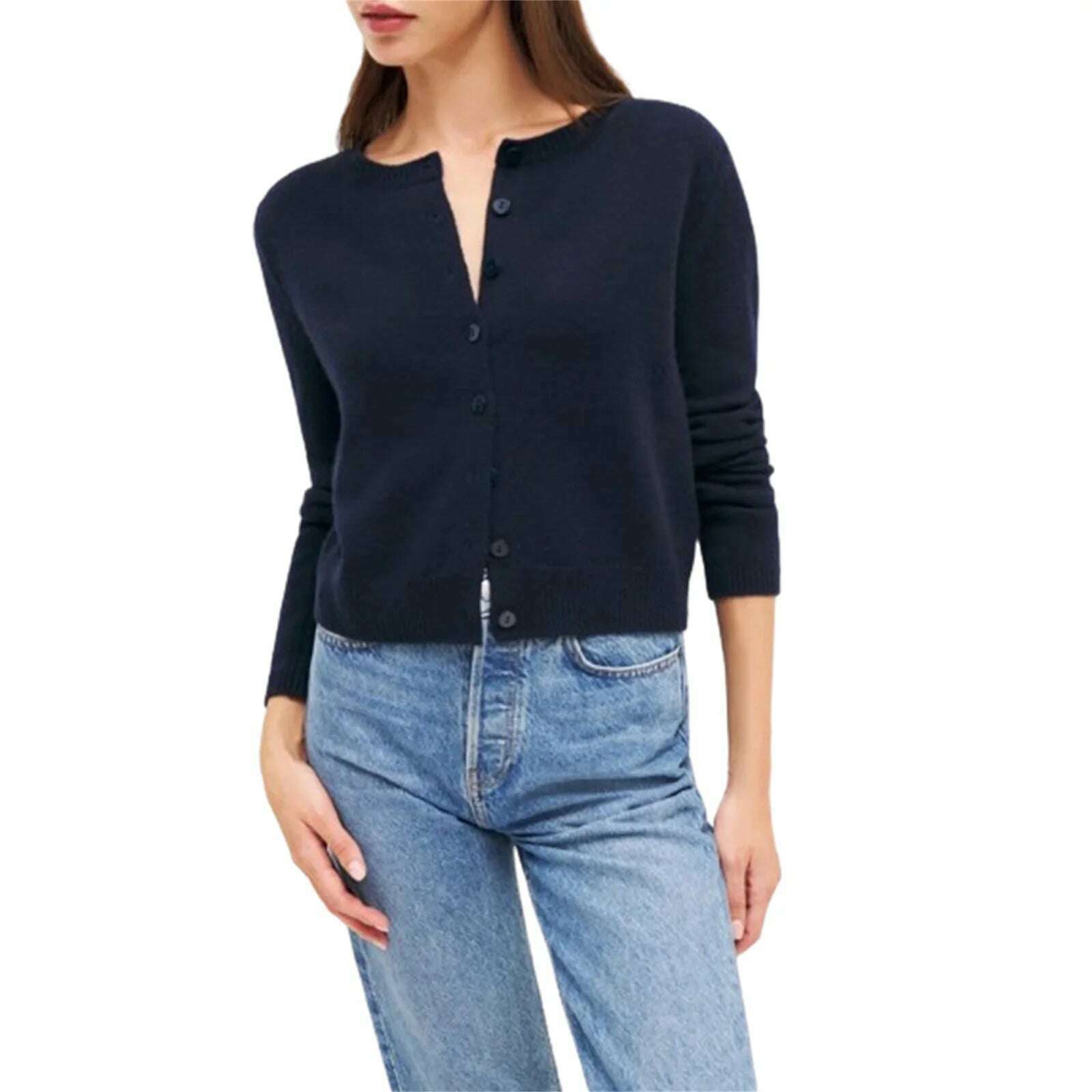 KIMLUD, Women Knitted Cardigan Fall Spring Solid Color Long Sleeve Sweater Button-Down Casual Soft Knit Coat Knitwear for Daily Life Y2K, Navy Blue / M, KIMLUD APPAREL - Womens Clothes