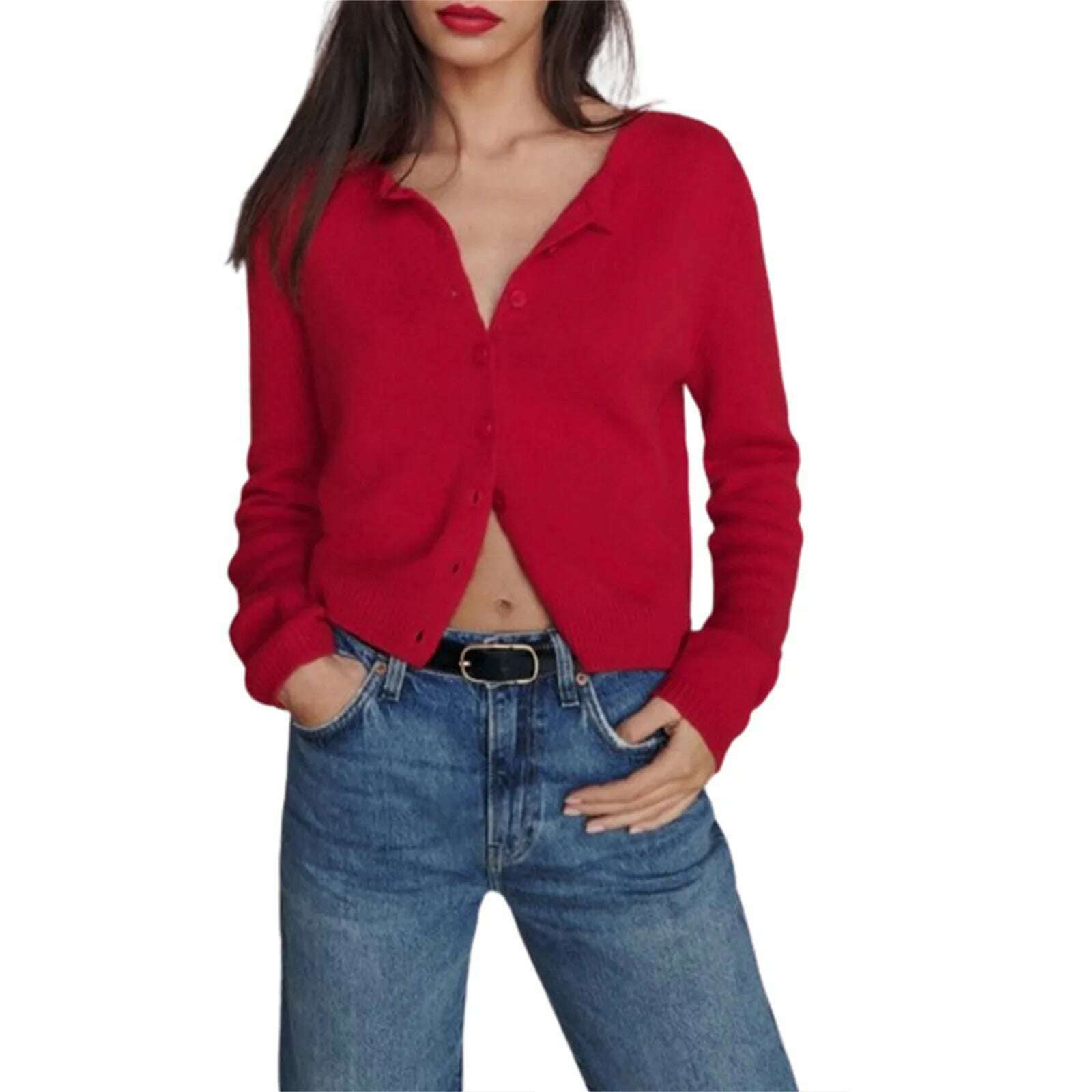 KIMLUD, Women Knitted Cardigan Fall Spring Solid Color Long Sleeve Sweater Button-Down Casual Soft Knit Coat Knitwear for Daily Life Y2K, Red / L, KIMLUD APPAREL - Womens Clothes