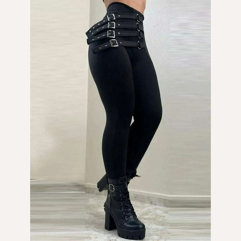 KIMLUD, Women Legging Fashion Slim Fit Black Pants Going Out Spring Trousers High Waist Buckled Skinny Pants, KIMLUD Womens Clothes