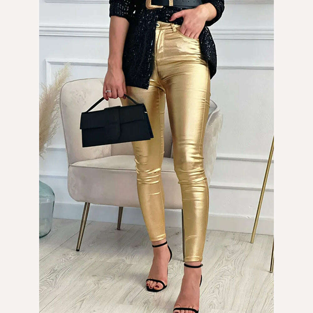 KIMLUD, Women Leggings Faux Leather Pants Autumn Winter Gold Silver Fashion Lady Trousers Sexy Skinny Tight Pocket Button Female Pants, KIMLUD Womens Clothes