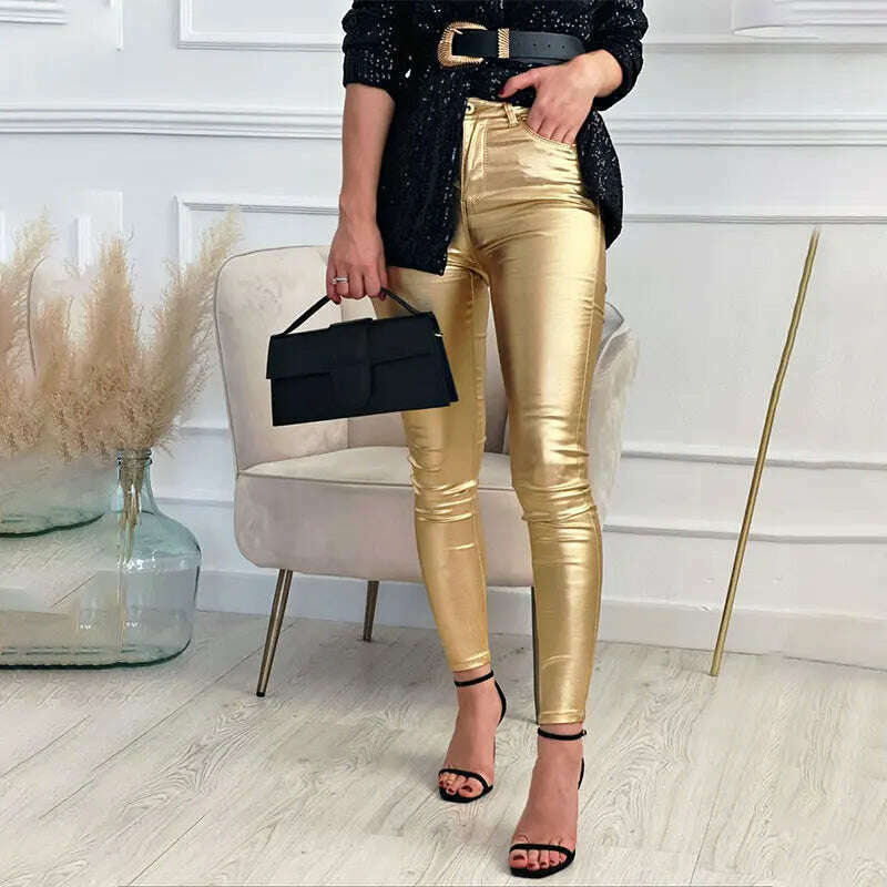 Women Leggings Faux Leather Pants Autumn Winter Gold Silver Fashion Lady Trousers Sexy Skinny Tight Pocket Button Female Pants - KIMLUD