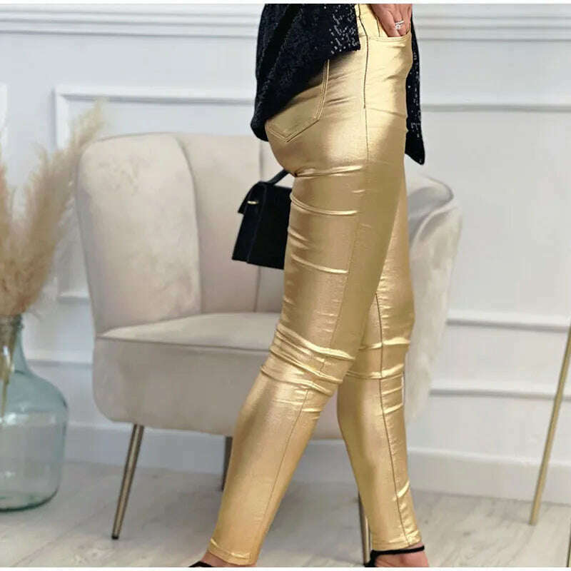 Women Leggings Faux Leather Pants Autumn Winter Gold Silver Fashion Lady Trousers Sexy Skinny Tight Pocket Button Female Pants - KIMLUD