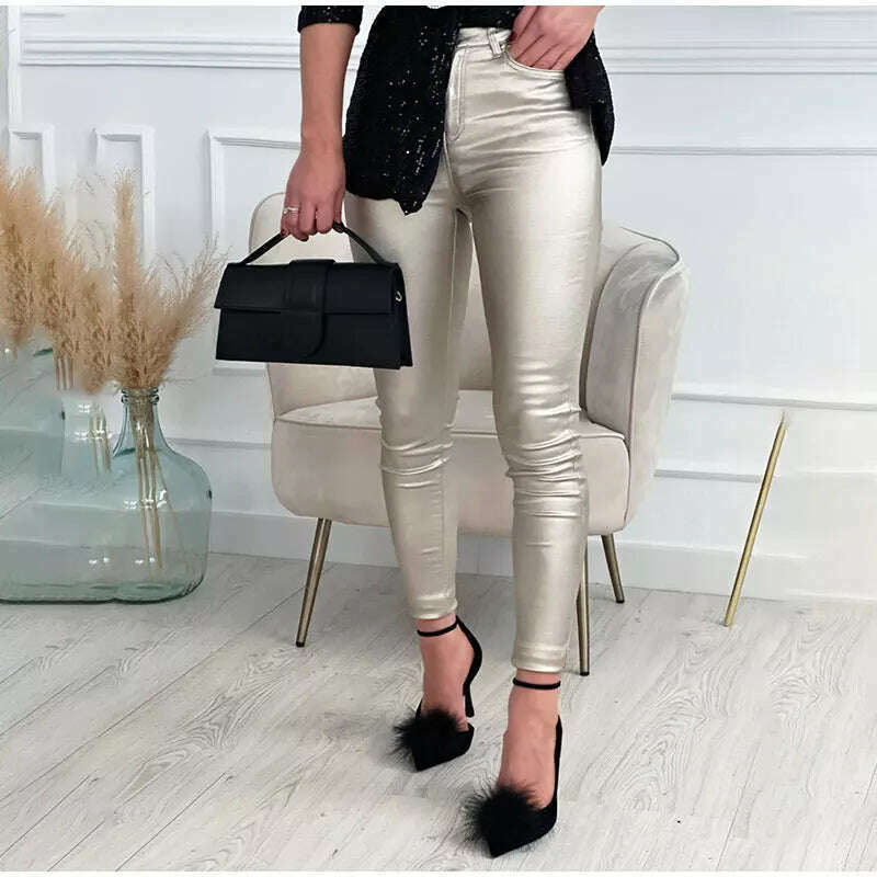 Women Leggings Faux Leather Pants Autumn Winter Gold Silver Fashion Lady Trousers Sexy Skinny Tight Pocket Button Female Pants - KIMLUD