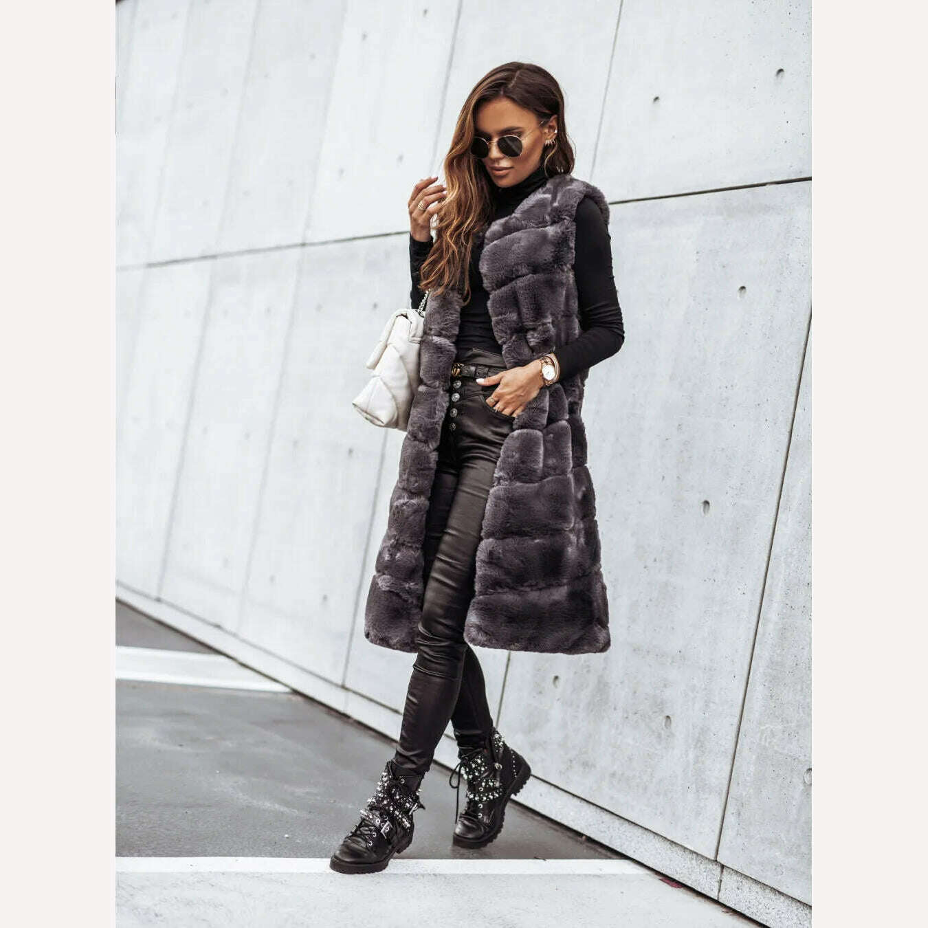 Women Long Faux Fur Autumn Winter Long Round Neck Fur Vests Coat Overcoat Sleeveless High Waist Solid Color - KIMLUD