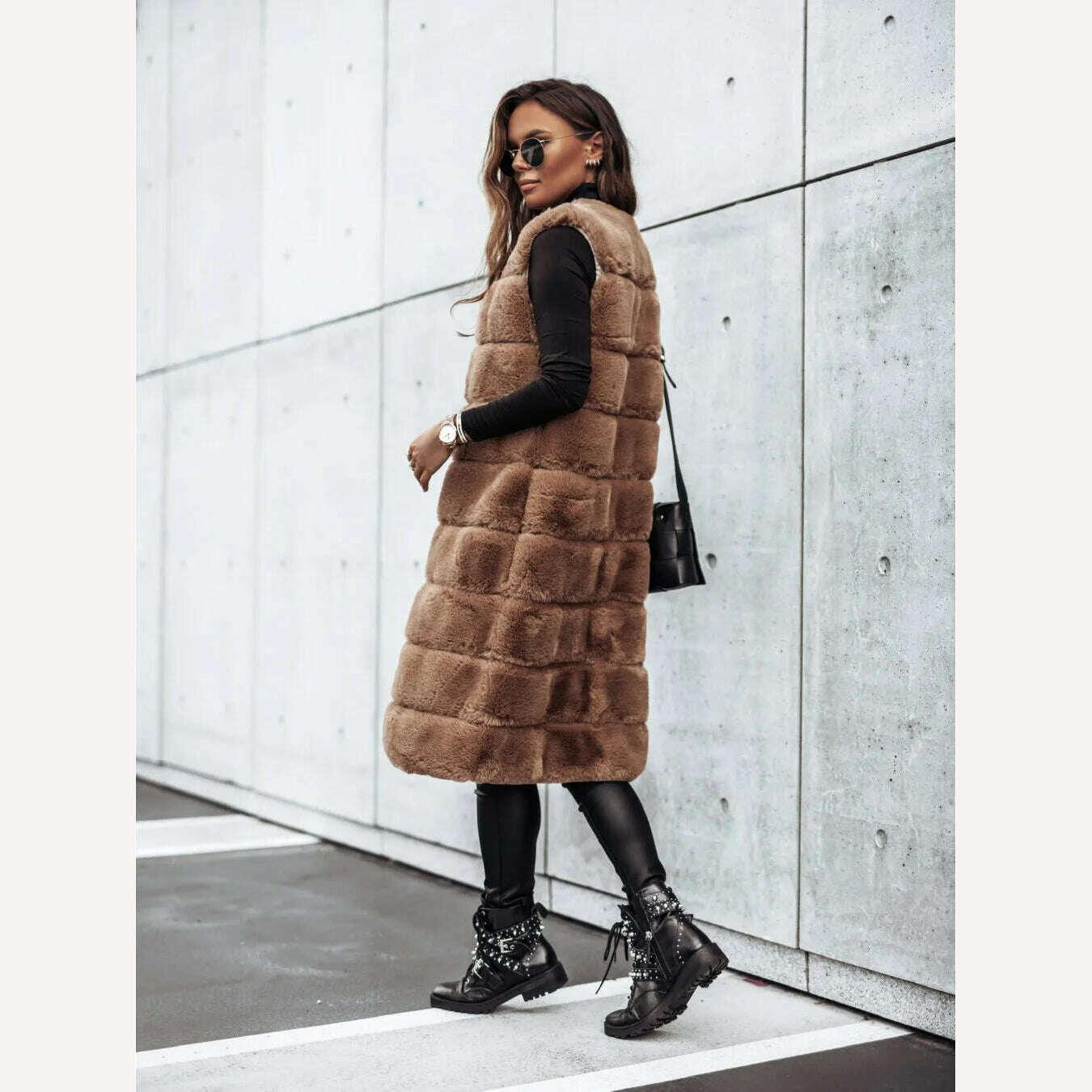 KIMLUD, Women Long Faux Fur Autumn Winter Long Round Neck Fur Vests Coat Overcoat Sleeveless High Waist Solid Color, KIMLUD Womens Clothes