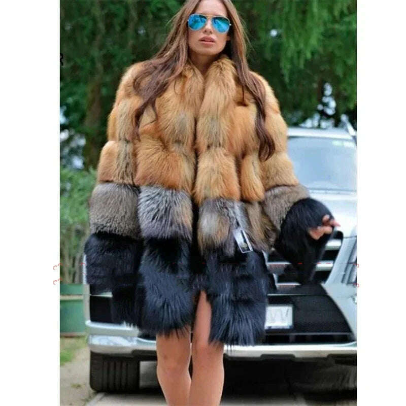 KIMLUD, Women Long Faux Fur Coat Winter Fashion Large Size Thick Warm Fur Jacket Yellow and Black Contrast Stitching Cardigan Cloth, KIMLUD Womens Clothes