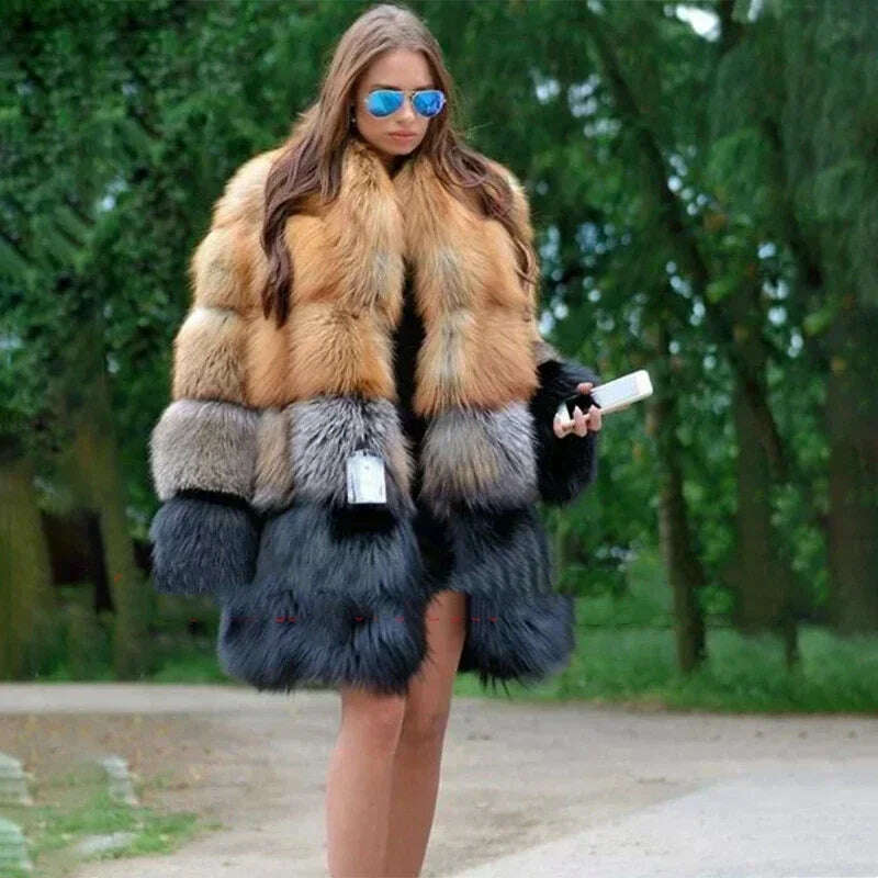 KIMLUD, Women Long Faux Fur Coat Winter Fashion Large Size Thick Warm Fur Jacket Yellow and Black Contrast Stitching Cardigan Cloth, Photocolor / XXL, KIMLUD APPAREL - Womens Clothes