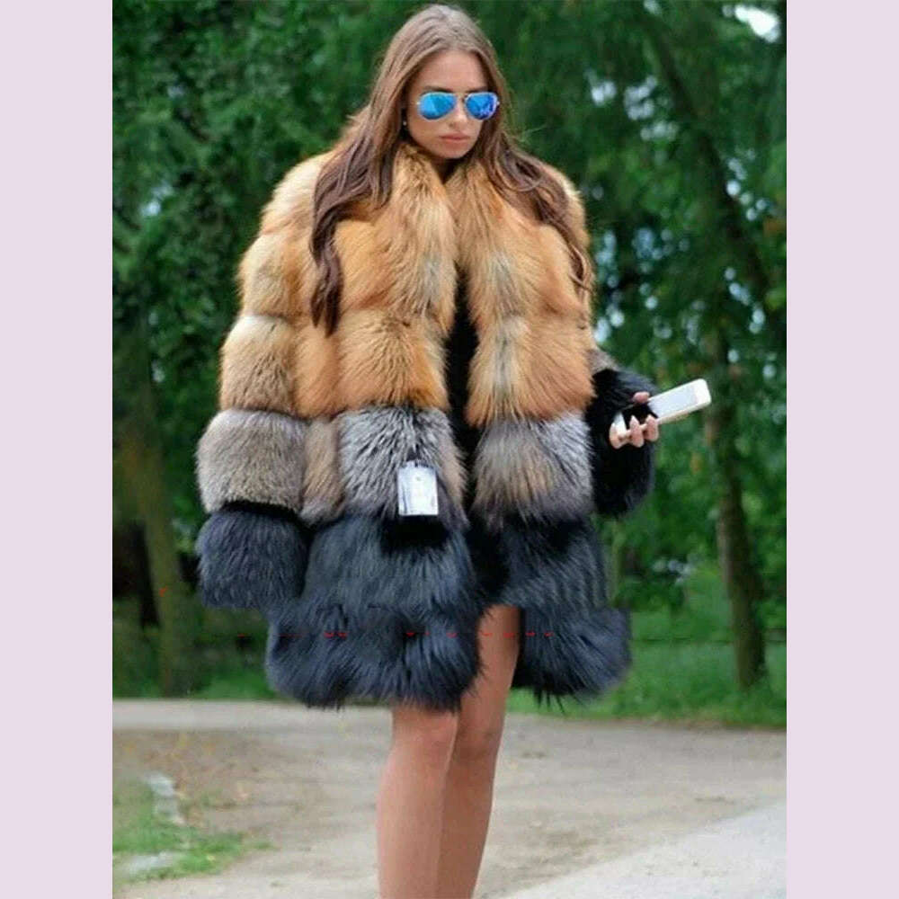 KIMLUD, Women Long Faux Fur Coat Winter Fashion Large Size Thick Warm Fur Jacket Yellow and Black Contrast Stitching Cardigan Cloth, KIMLUD Womens Clothes