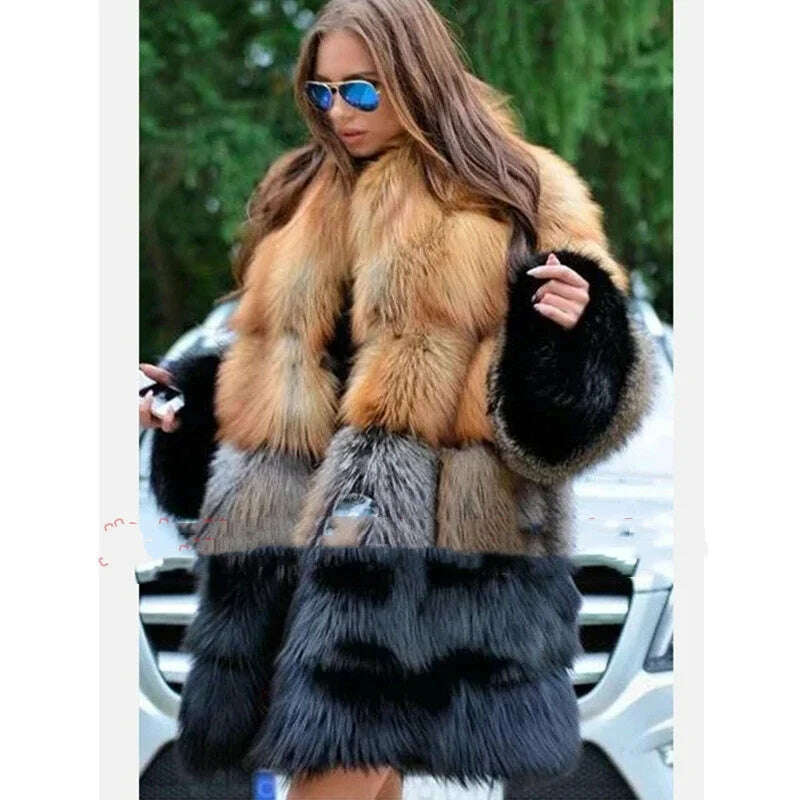 KIMLUD, Women Long Faux Fur Coat Winter Fashion Large Size Thick Warm Fur Jacket Yellow and Black Contrast Stitching Cardigan Cloth, KIMLUD Womens Clothes