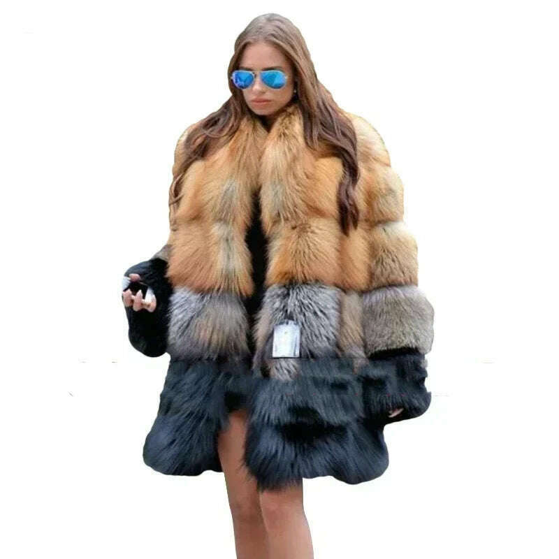 KIMLUD, Women Long Faux Fur Coat Winter Fashion Large Size Thick Warm Fur Jacket Yellow and Black Contrast Stitching Cardigan Cloth, KIMLUD Womens Clothes