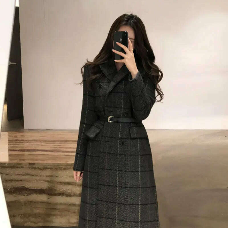 KIMLUD, Women Long Jacket 2023 New Autumn Winter OL Plaid Coat WomenThickened Retro Long Over-the-knee Suit Woolen Coat Female Clothing, GRAY / S, KIMLUD APPAREL - Womens Clothes