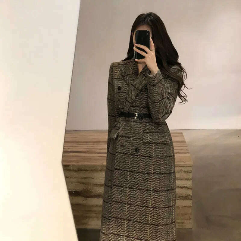 KIMLUD, Women Long Jacket 2023 New Autumn Winter OL Plaid Coat WomenThickened Retro Long Over-the-knee Suit Woolen Coat Female Clothing, Khaki / S, KIMLUD APPAREL - Womens Clothes