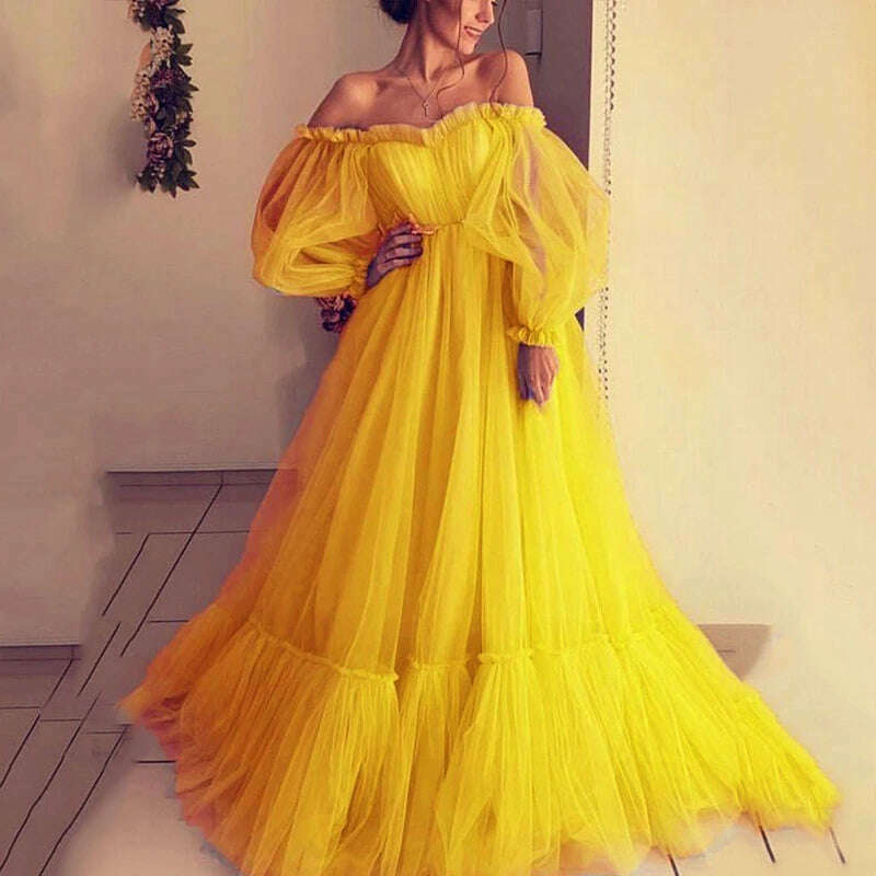 Women Long Sleeve Big Hem Evening Dress Luxury Mesh Ruffles Princess D Women Long Sleeve Big Hem Evening Dress Luxury Mesh Ruffles Princess D