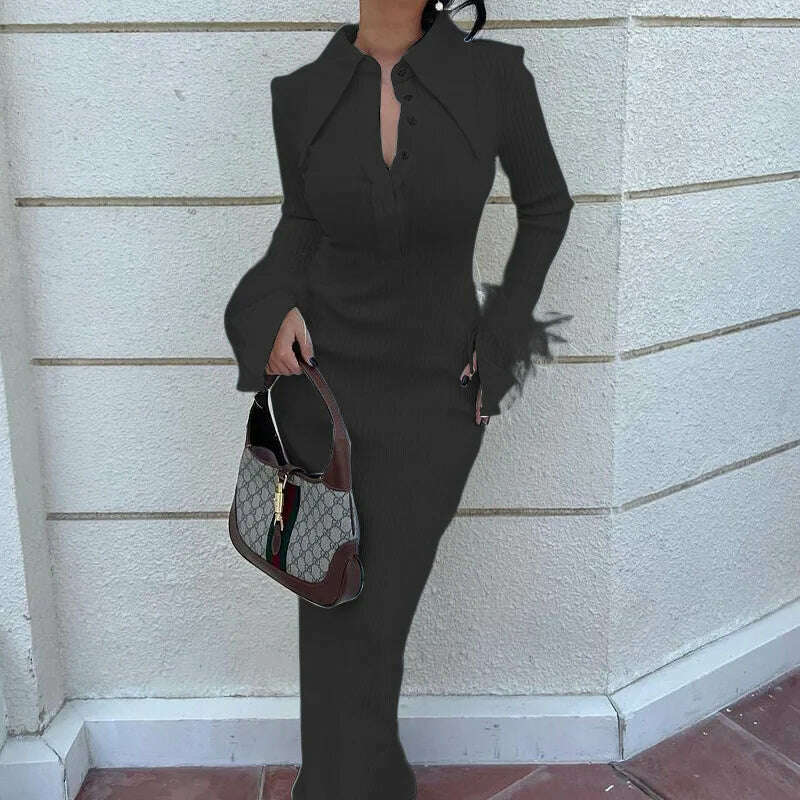 KIMLUD, Women Long Sleeve Feather Long Dress 2023 New Kintting Solid Turn-down Collar Splicing Shirt Dress Elegant Formal Party Dress, KIMLUD Womens Clothes