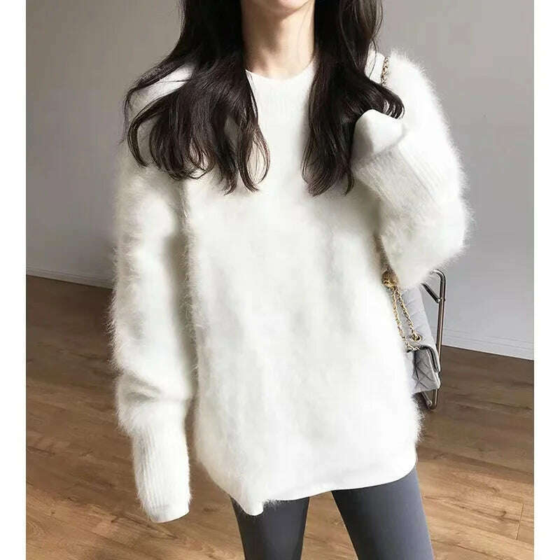KIMLUD, Women Long Sleeve Round Neck Mink Sweater Autumn Winter Outer Wear Soft Glutinous Knitted Tops Solid Color Large Size Pullovers, KIMLUD Womens Clothes