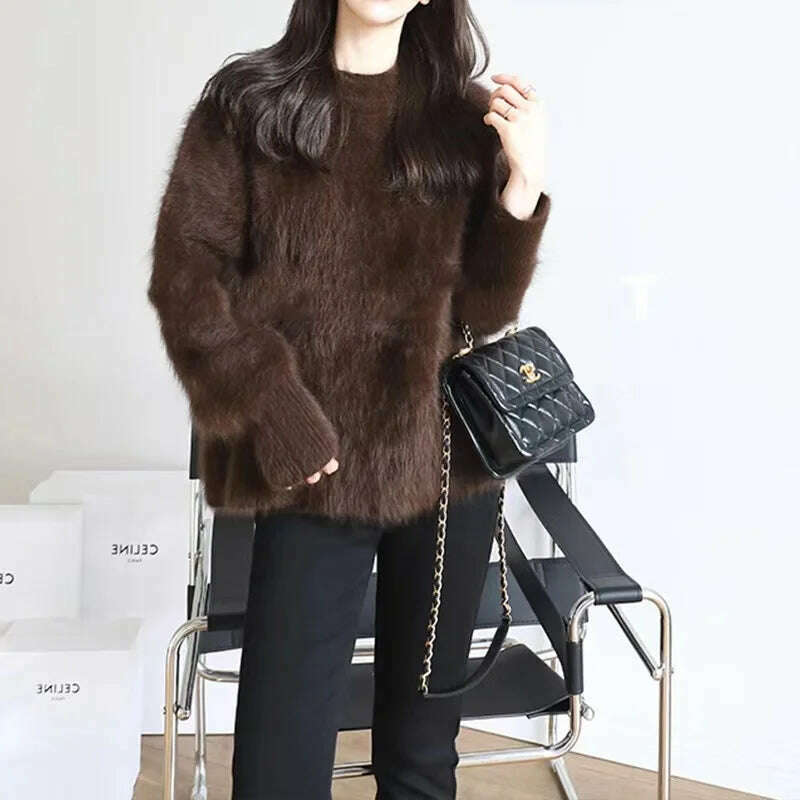 KIMLUD, Women Long Sleeve Round Neck Mink Sweater Autumn Winter Outer Wear Soft Glutinous Knitted Tops Solid Color Large Size Pullovers, KIMLUD Womens Clothes