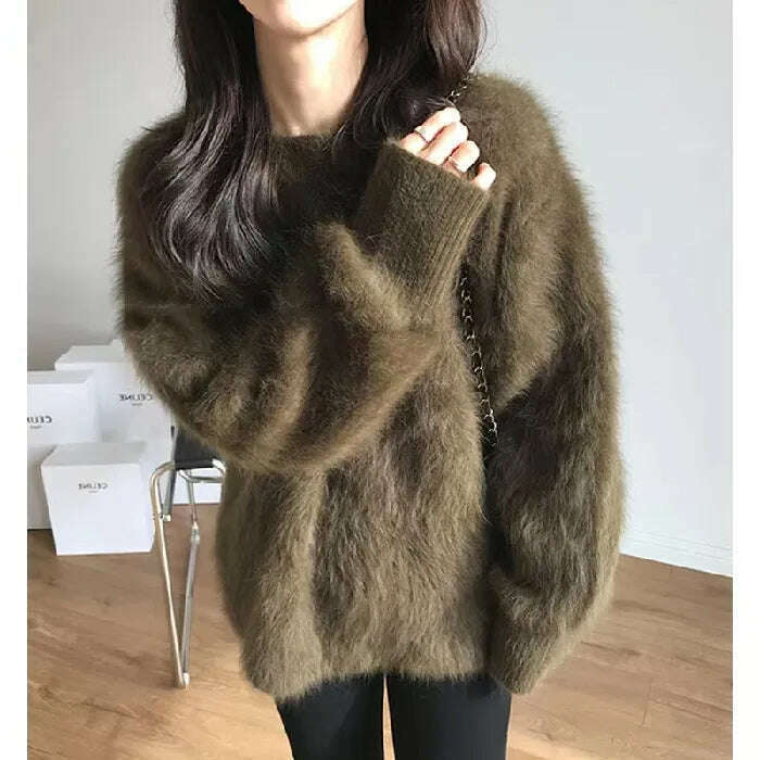KIMLUD, Women Long Sleeve Round Neck Mink Sweater Autumn Winter Outer Wear Soft Glutinous Knitted Tops Solid Color Large Size Pullovers, Olive green / One Size, KIMLUD APPAREL - Womens Clothes