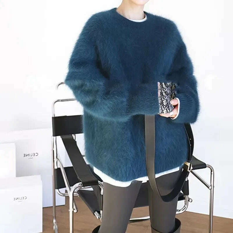 KIMLUD, Women Long Sleeve Round Neck Mink Sweater Autumn Winter Outer Wear Soft Glutinous Knitted Tops Solid Color Large Size Pullovers, KIMLUD Womens Clothes