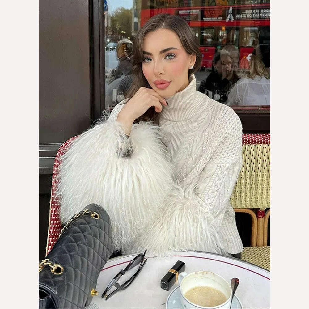 KIMLUD, Women Loose Turtleneck Plush Tassel Sweater Female Elegant Long Sleeve Wool Pullover Top 2023 Winter Lady Street Knitted Jumpers, KIMLUD Womens Clothes