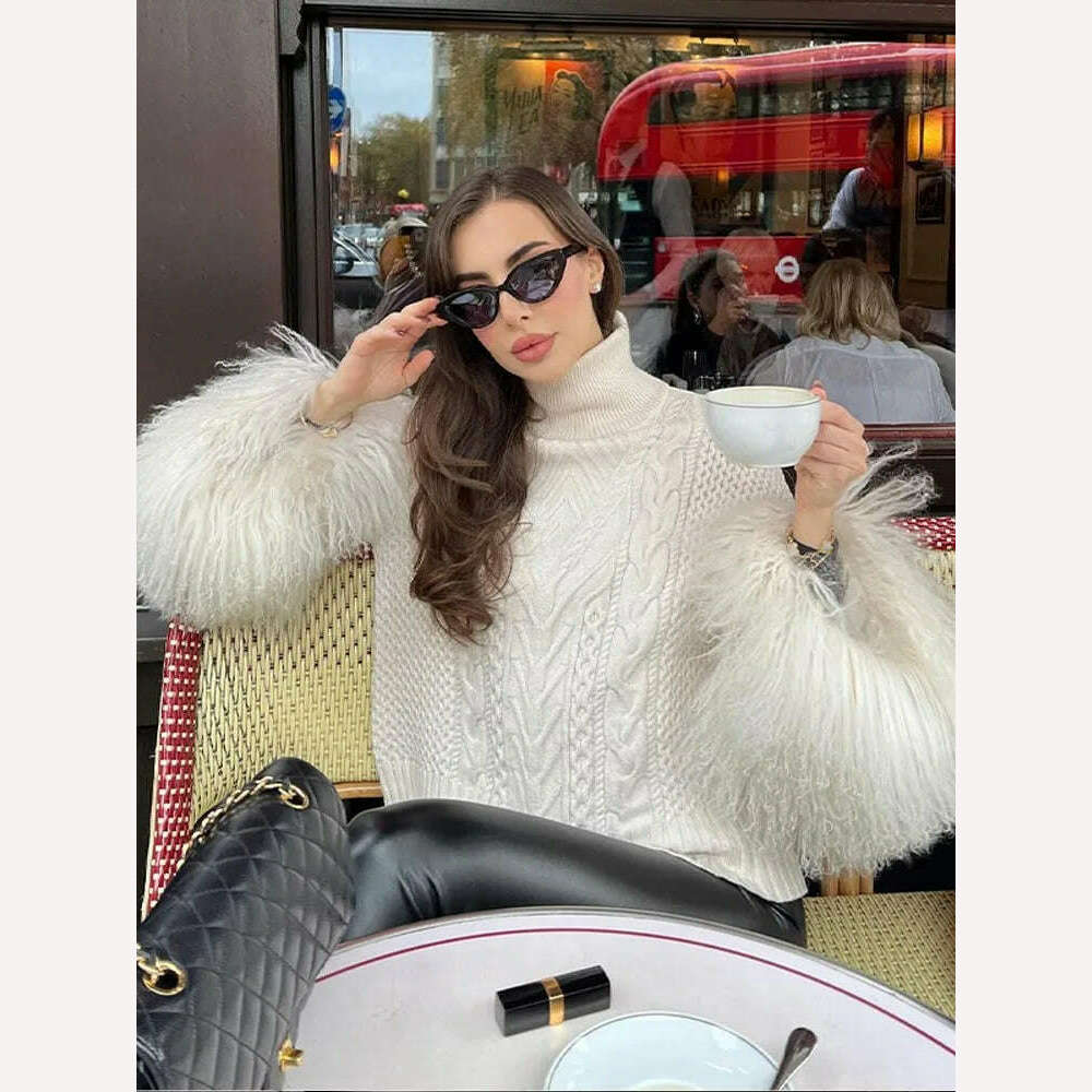 KIMLUD, Women Loose Turtleneck Plush Tassel Sweater Female Elegant Long Sleeve Wool Pullover Top 2023 Winter Lady Street Knitted Jumpers, KIMLUD Womens Clothes