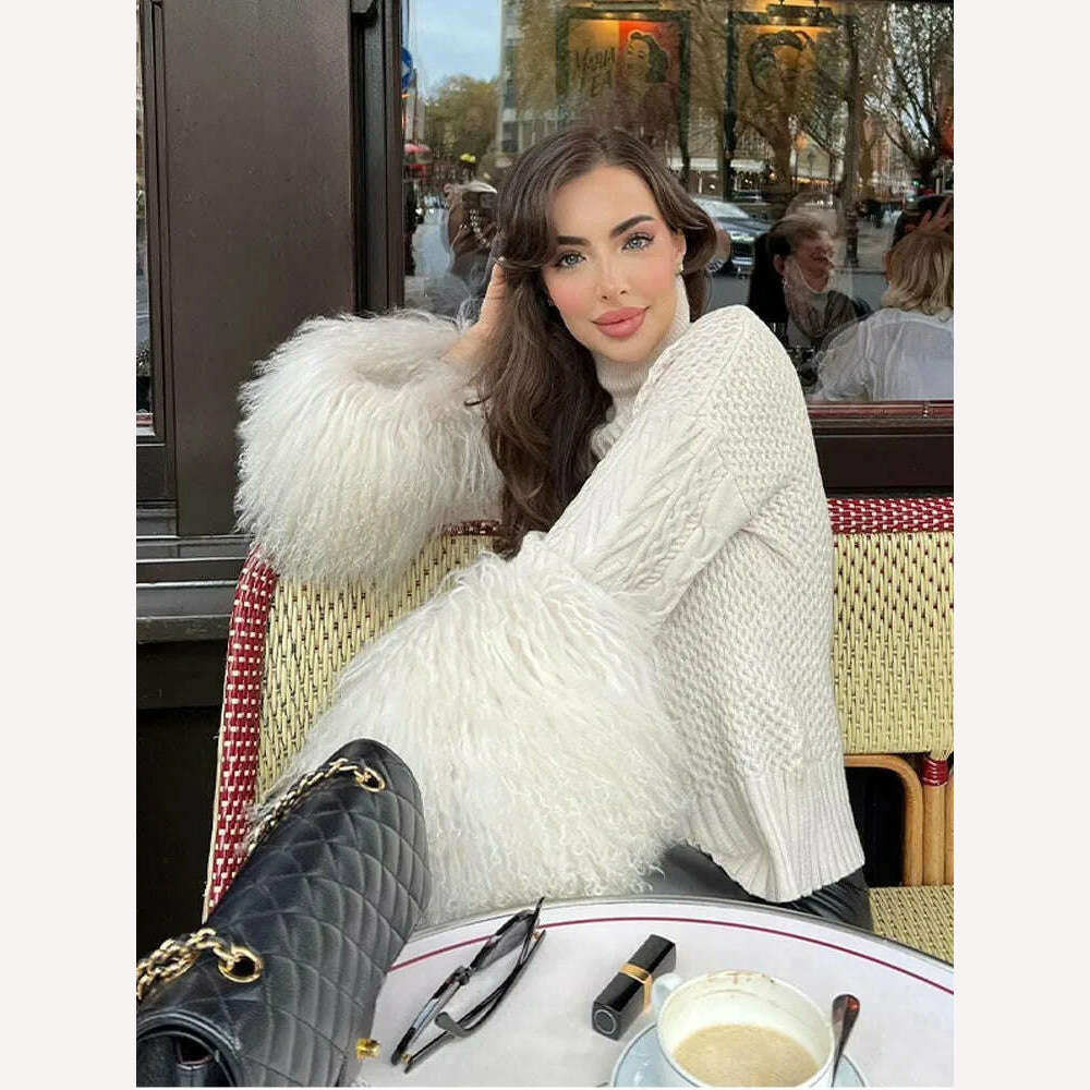KIMLUD, Women Loose Turtleneck Plush Tassel Sweater Female Elegant Long Sleeve Wool Pullover Top 2023 Winter Lady Street Knitted Jumpers, KIMLUD Womens Clothes