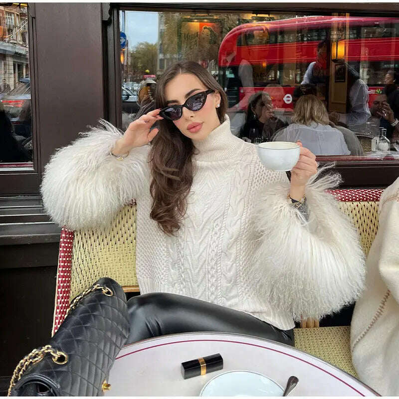 KIMLUD, Women Loose Turtleneck Plush Tassel Sweater Female Elegant Long Sleeve Wool Pullover Top 2023 Winter Lady Street Knitted Jumpers, KIMLUD Womens Clothes