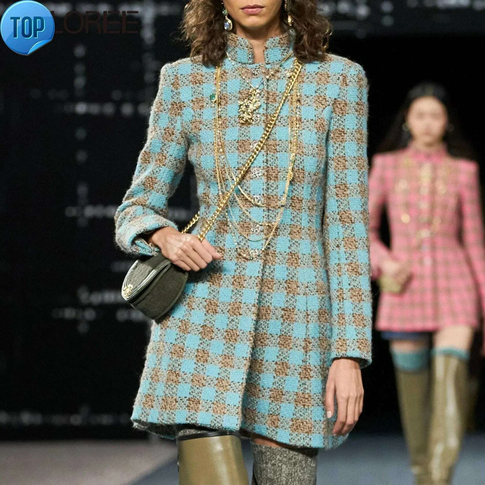 KIMLUD, Women Luxury Clothes Designers Winter 2023 Vintage Elegant Single Breasted Wool Dress Pink Blue Plaid Vestido Feminino, KIMLUD Womens Clothes