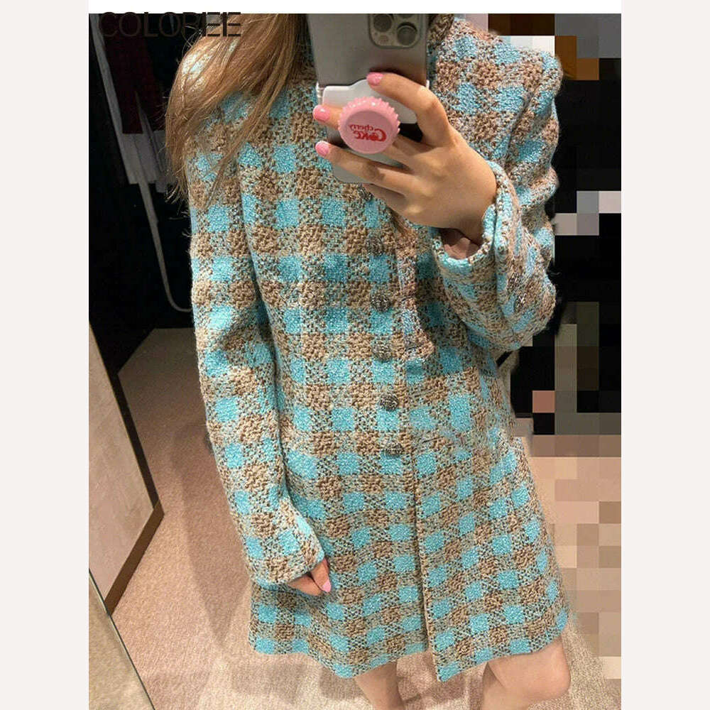 KIMLUD, Women Luxury Clothes Designers Winter 2023 Vintage Elegant Single Breasted Wool Dress Pink Blue Plaid Vestido Feminino, KIMLUD Womens Clothes