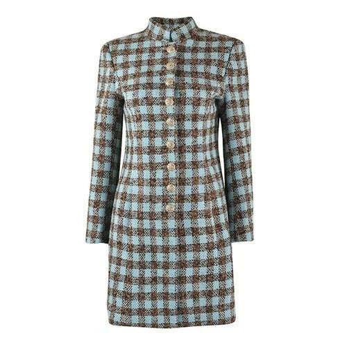 KIMLUD, Women Luxury Clothes Designers Winter 2023 Vintage Elegant Single Breasted Wool Dress Pink Blue Plaid Vestido Feminino, Green / S, KIMLUD APPAREL - Womens Clothes