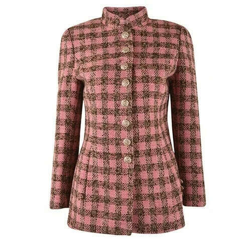 KIMLUD, Women Luxury Clothes Designers Winter 2023 Vintage Elegant Single Breasted Wool Dress Pink Blue Plaid Vestido Feminino, Red / S, KIMLUD APPAREL - Womens Clothes