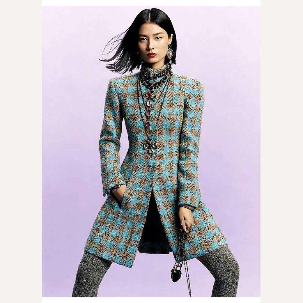 KIMLUD, Women Luxury Clothes Designers Winter 2023 Vintage Elegant Single Breasted Wool Dress Pink Blue Plaid Vestido Feminino, KIMLUD Womens Clothes