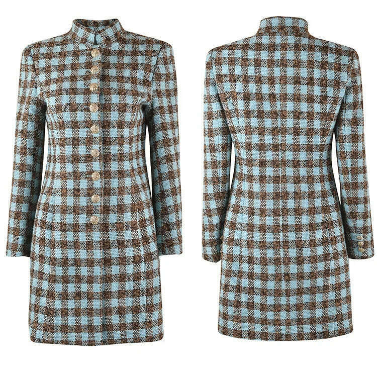 KIMLUD, Women Luxury Clothes Designers Winter 2023 Vintage Elegant Single Breasted Wool Dress Pink Blue Plaid Vestido Feminino, KIMLUD Womens Clothes