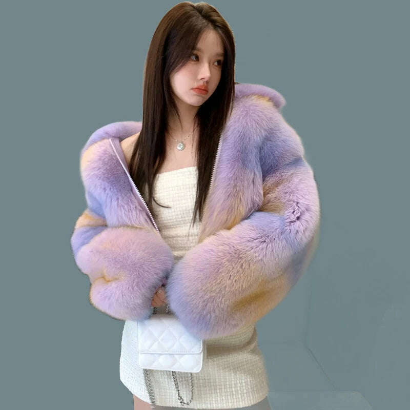 KIMLUD, Women Luxury Full Pelt Real Fox Fur Coat Lady Winter Fluffy Fur Jackets Turn Down Collar Top Quality Fox Fur Outerwear S3655, Purple / Coat Bust 110cm, KIMLUD Womens Clothes