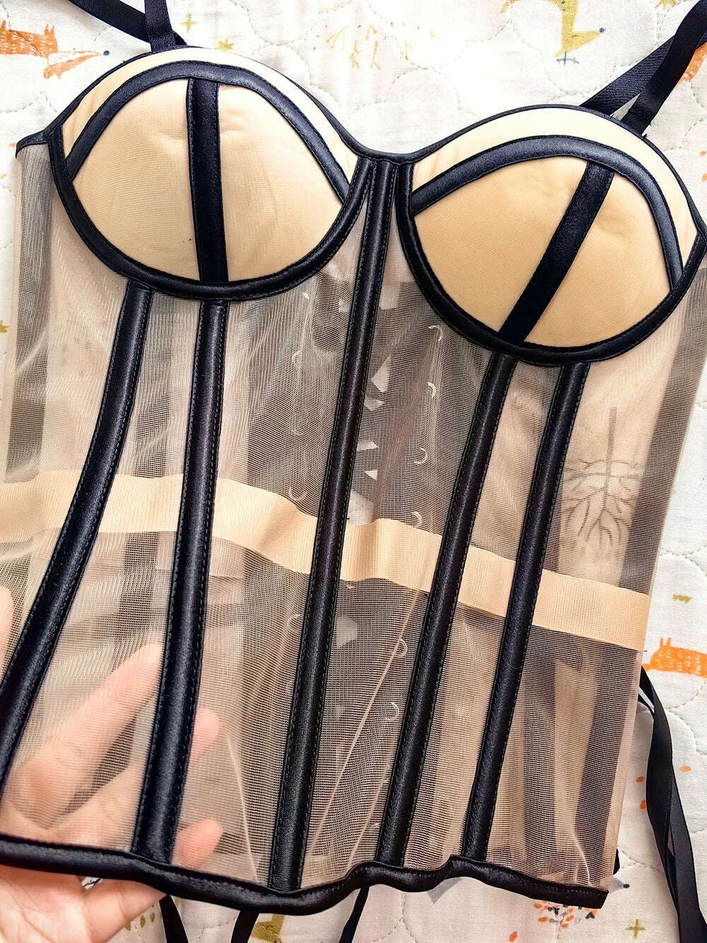 Women Luxury Mesh Corset Bustier Transparent Bodices With Cups Waist Slimmer Lace Up Steel Bone Tight Fitting Tube Tops Costume