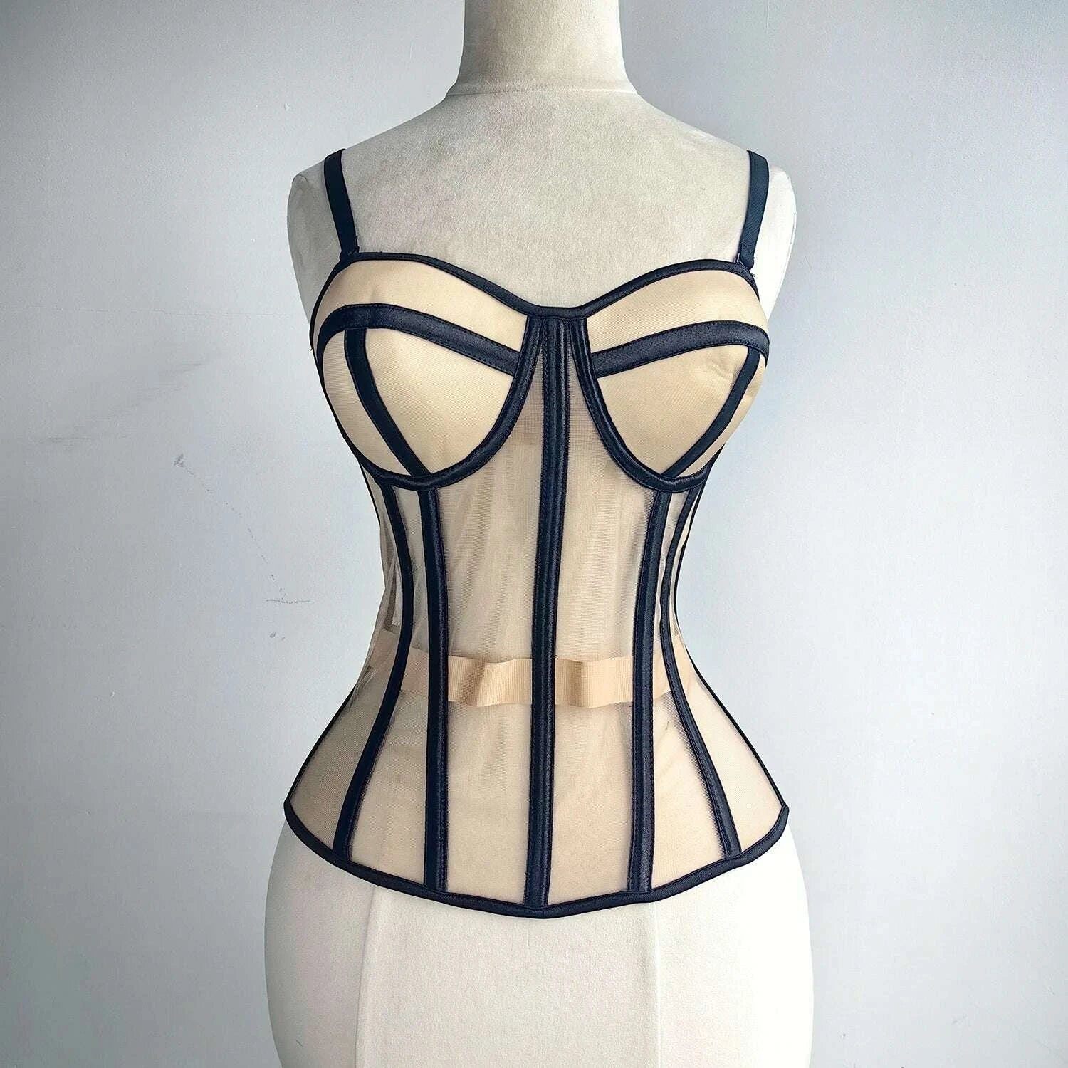 Women Luxury Mesh Corset Bustier Transparent Bodices With Cups Waist Slimmer Lace Up Steel Bone Tight Fitting Tube Tops Costume