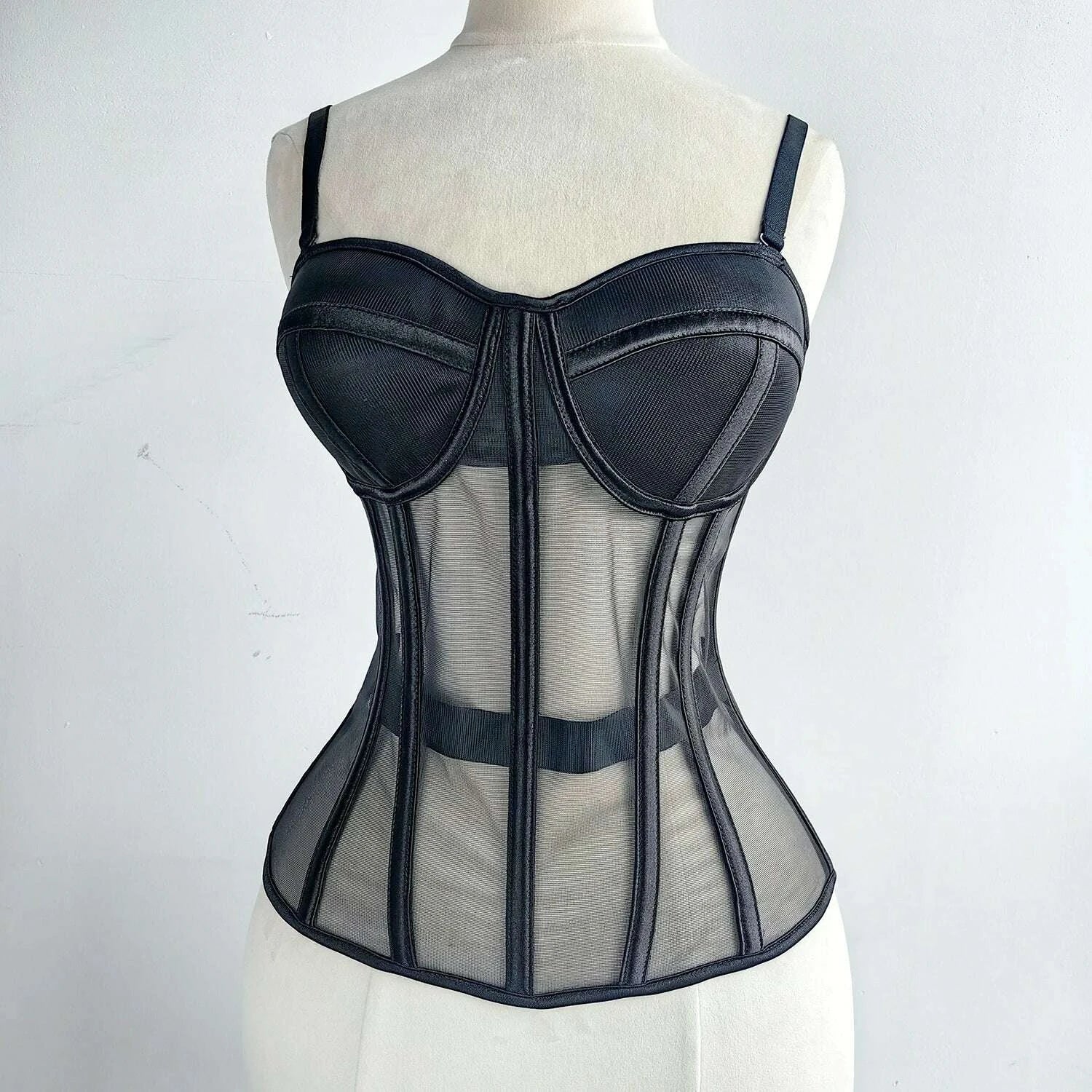 Women Luxury Mesh Corset Bustier Transparent Bodices With Cups Waist Slimmer Lace Up Steel Bone Tight Fitting Tube Tops Costume