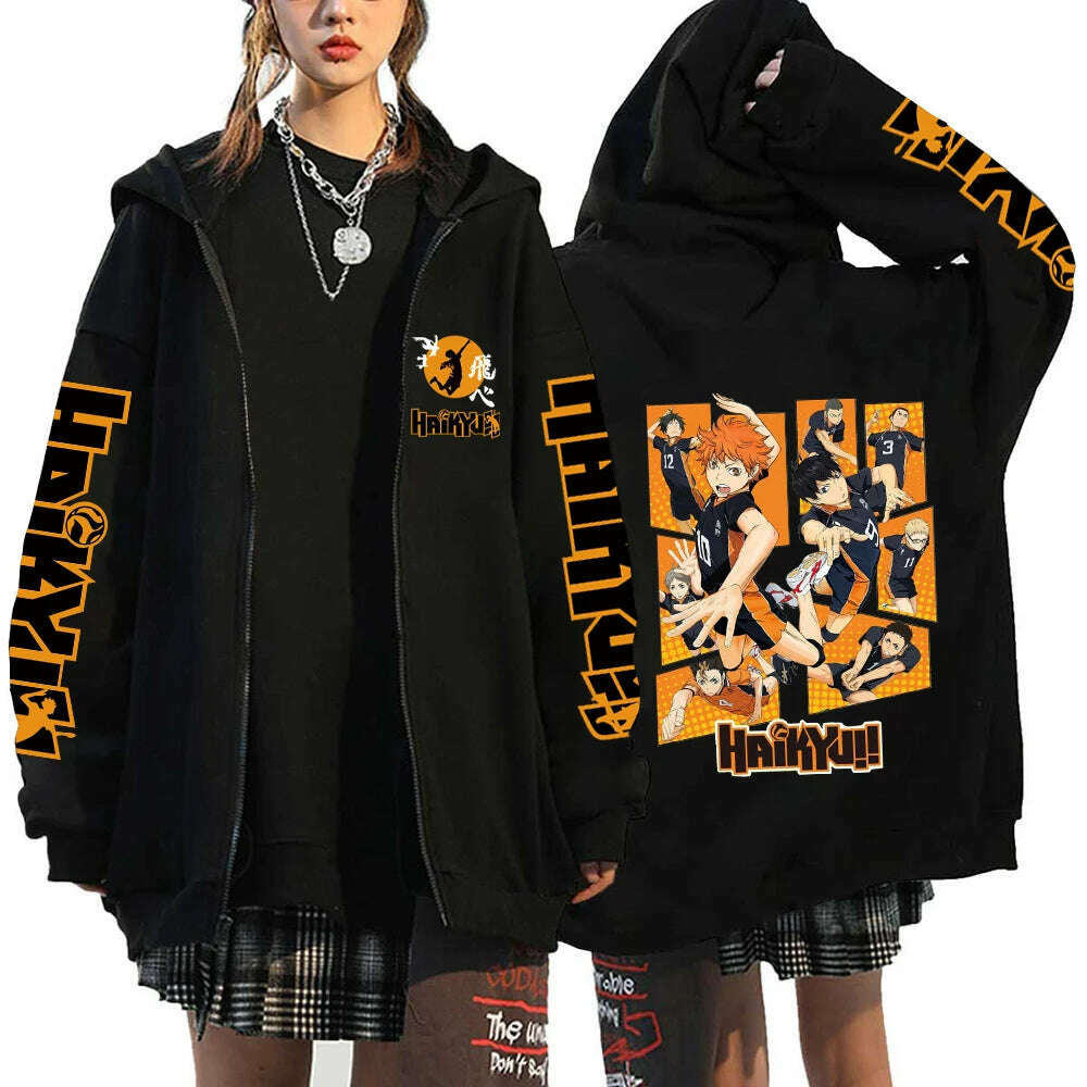 Women Men Anime Hoodie Haikyuu Zip Up Jacket Karasuno High School Plus Size Sweatshirt Harajuku Unisex Autumn Warm Streetwear - KIMLUD