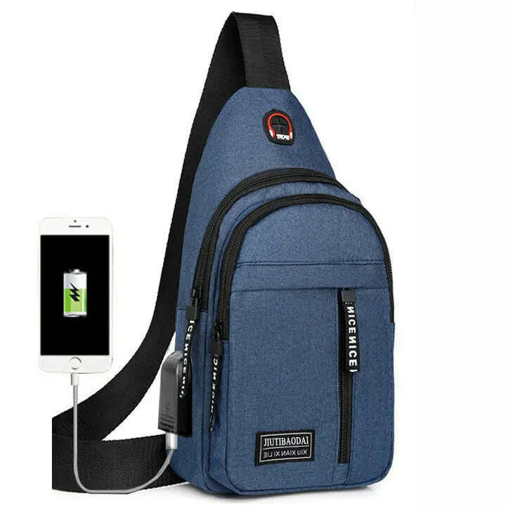 KIMLUD, Women Men's backpack chest bag leisure sports tourism chest bag single shoulder crossbody bag, Blue charging USB, KIMLUD APPAREL - Womens Clothes