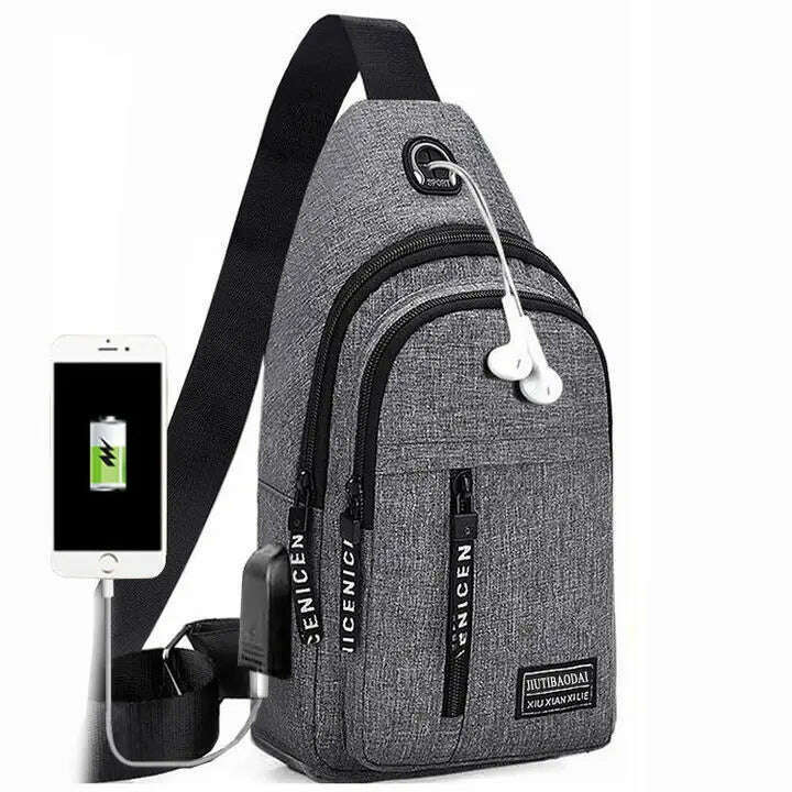 KIMLUD, Women Men's backpack chest bag leisure sports tourism chest bag single shoulder crossbody bag, Grey charging USB, KIMLUD APPAREL - Womens Clothes