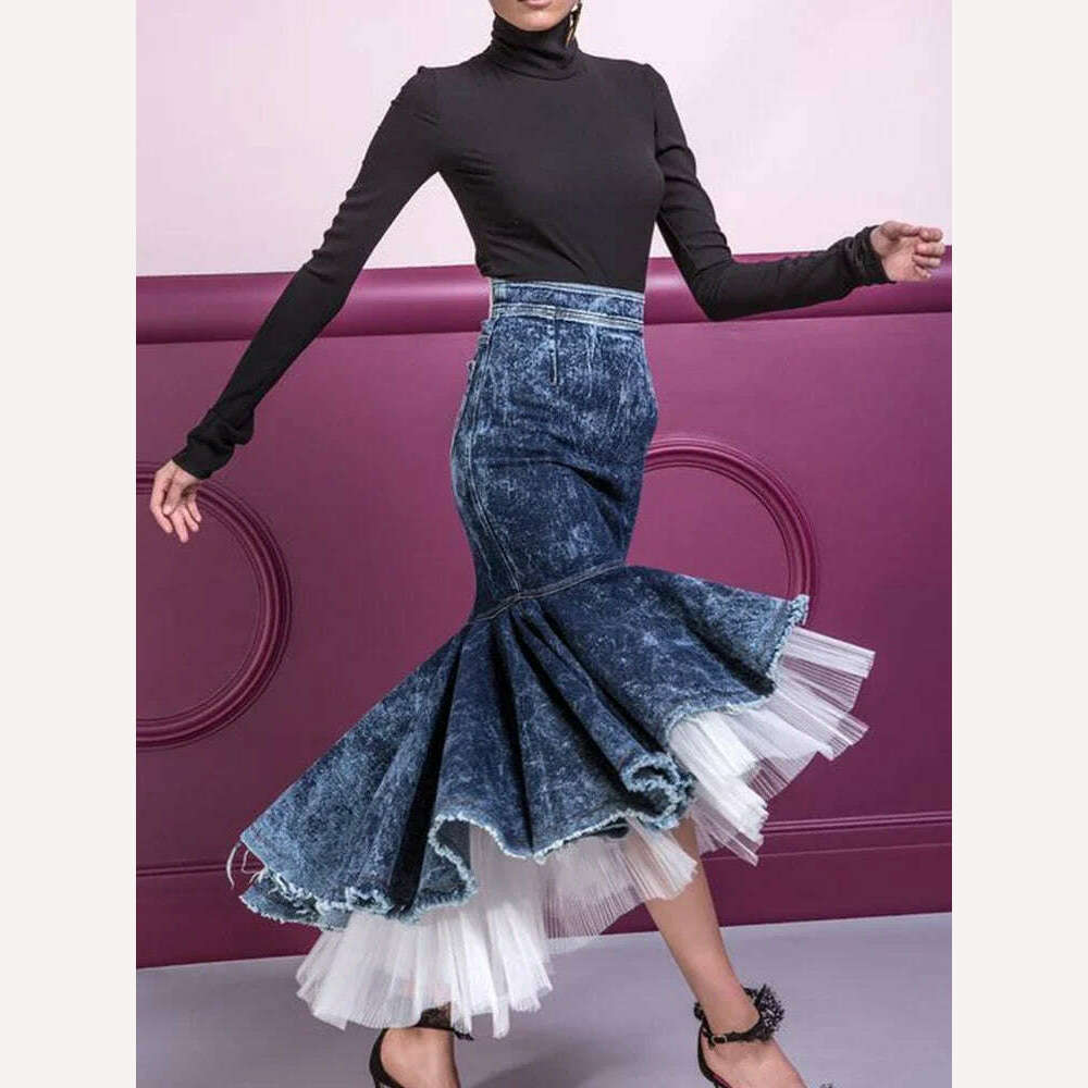 KIMLUD, Women Mermaid Skirt Daily Denim Mesh Patchwork Ruffle Hem Bodycon High Waist Sexy Saias Jupes Falads Elegant Femme Office Ladies, KIMLUD Womens Clothes