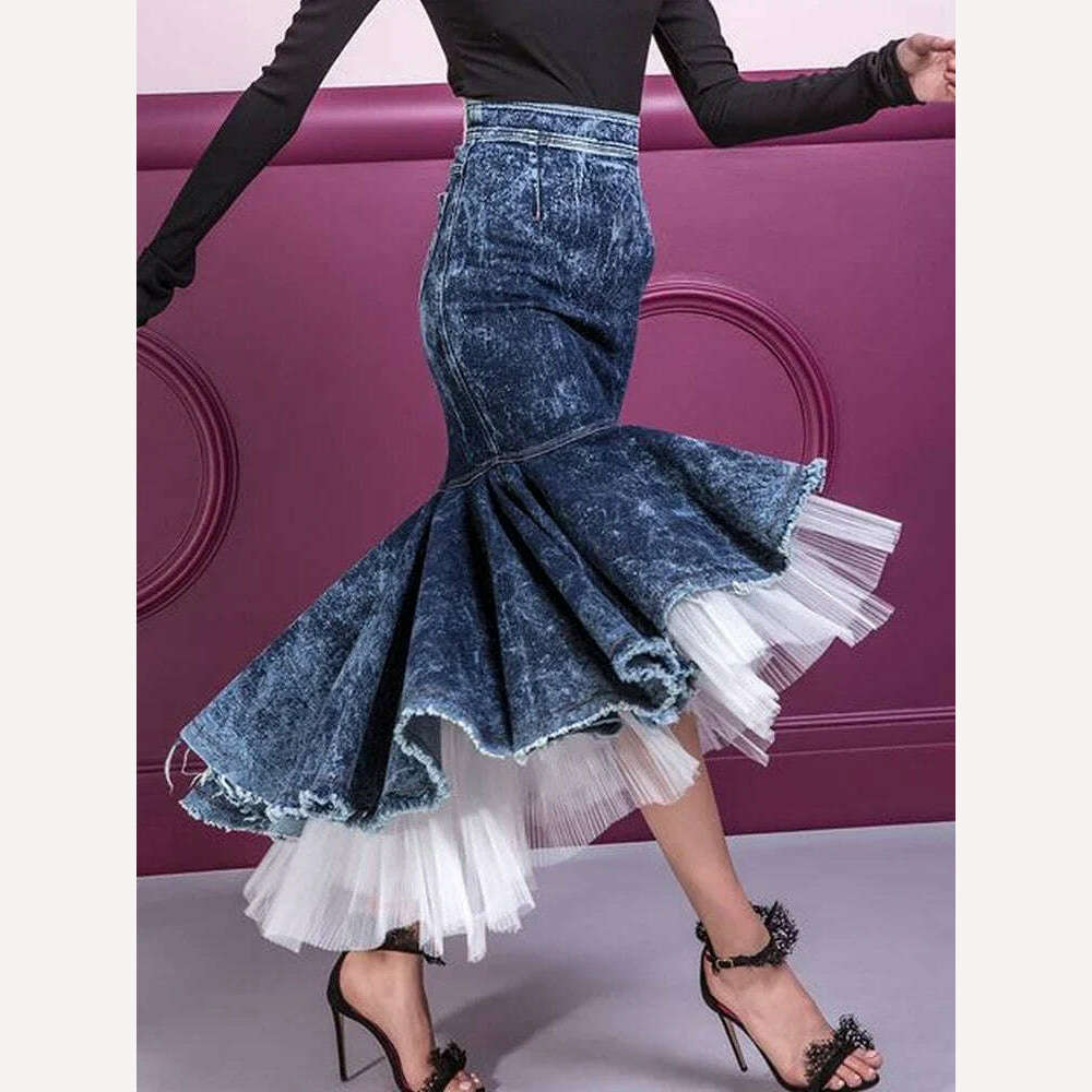 KIMLUD, Women Mermaid Skirt Daily Denim Mesh Patchwork Ruffle Hem Bodycon High Waist Sexy Saias Jupes Falads Elegant Femme Office Ladies, KIMLUD Womens Clothes