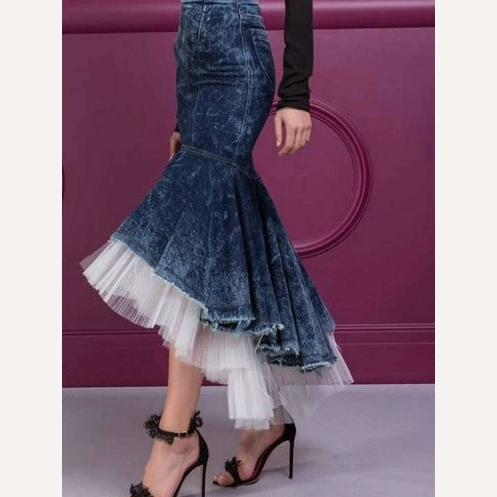 KIMLUD, Women Mermaid Skirt Daily Denim Mesh Patchwork Ruffle Hem Bodycon High Waist Sexy Saias Jupes Falads Elegant Femme Office Ladies, KIMLUD Womens Clothes