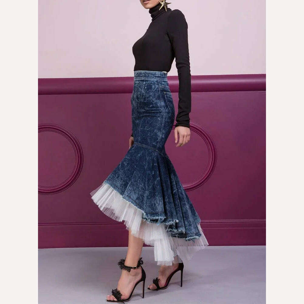 KIMLUD, Women Mermaid Skirt Daily Denim Mesh Patchwork Ruffle Hem Bodycon High Waist Sexy Saias Jupes Falads Elegant Femme Office Ladies, KIMLUD Womens Clothes