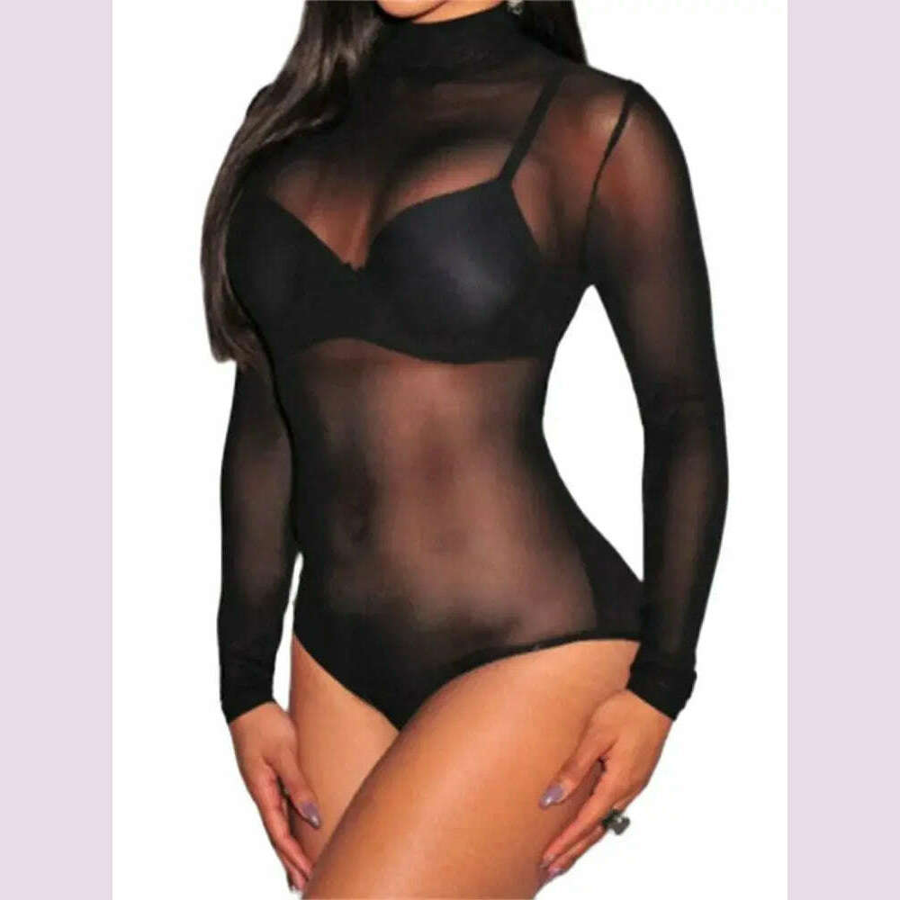 Women Mesh Bodysuits Summer Fall Long Sleeve Mock Neck Bodycon Body Top See Through Vintage Sexy Clubwear - KIMLUD