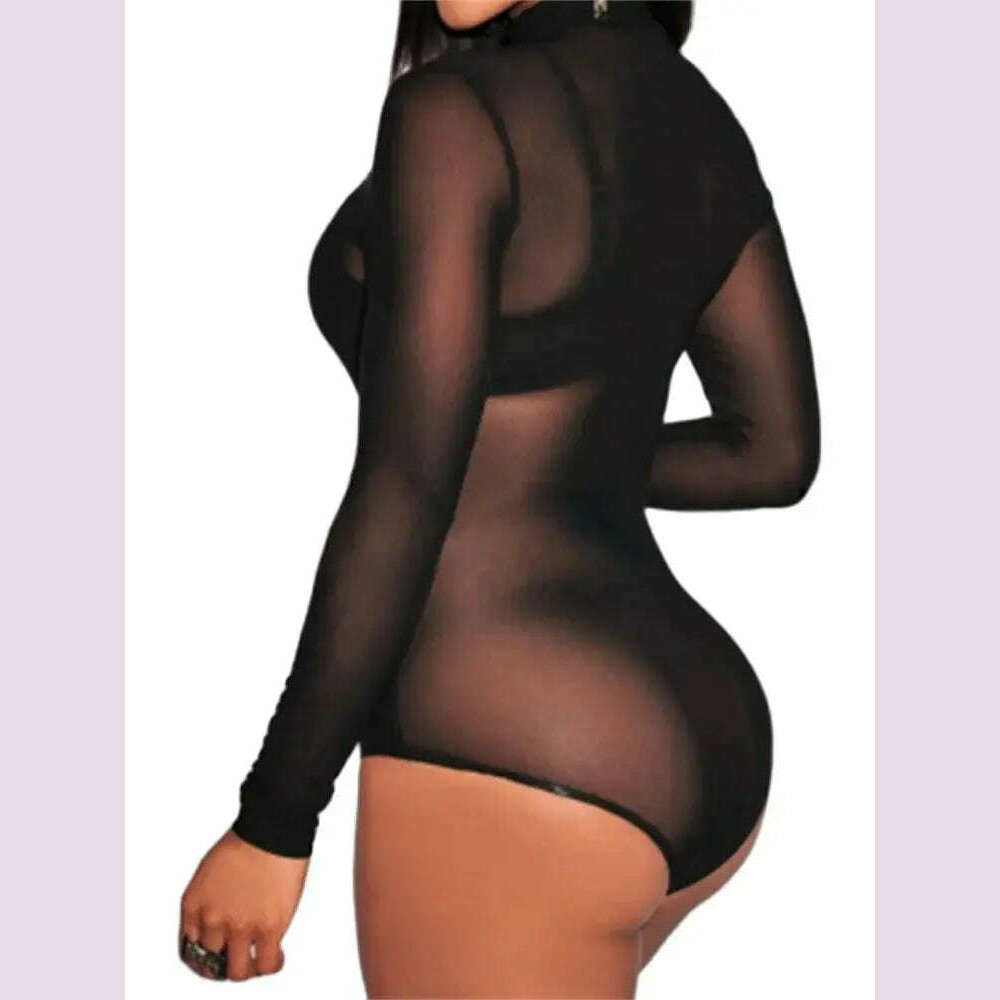 Women Mesh Bodysuits Summer Fall Long Sleeve Mock Neck Bodycon Body Top See Through Vintage Sexy Clubwear - KIMLUD