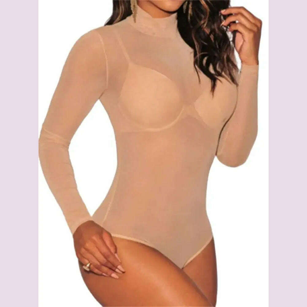 Women Mesh Bodysuits Summer Fall Long Sleeve Mock Neck Bodycon Body Top See Through Vintage Sexy Clubwear - KIMLUD