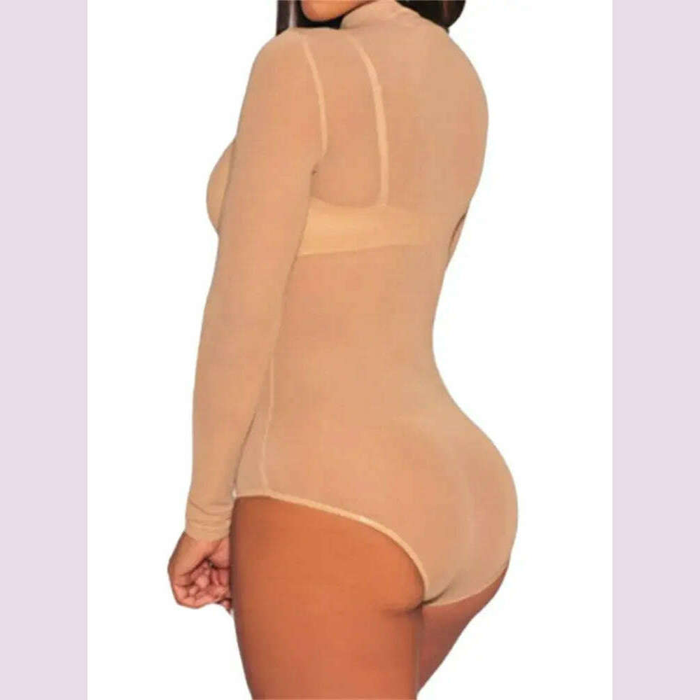 Women Mesh Bodysuits Summer Fall Long Sleeve Mock Neck Bodycon Body Top See Through Vintage Sexy Clubwear - KIMLUD